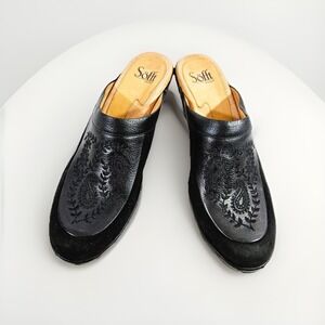 Sofft Mules Clogs Black Leather‎ Embroidered  Shoes Sz 9 Low Heels Slip-on